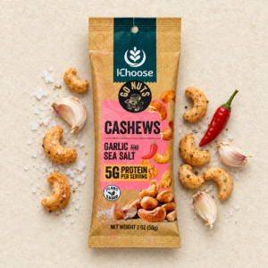 IChoose Go Nuts – Garlic Sea Salt Cashews, High Protein Plant-Based Snack, 2 oz per Pack (5 Packs)