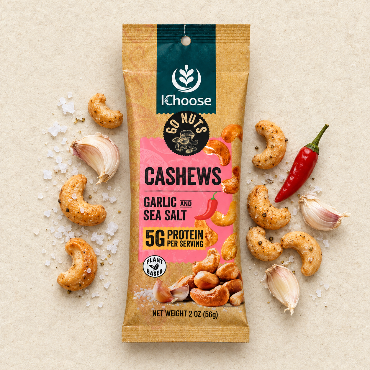 IChoose Go Nuts – Garlic Sea Salt Cashews, High Protein Plant-Based Snack, 2 oz per Pack (5 Packs)