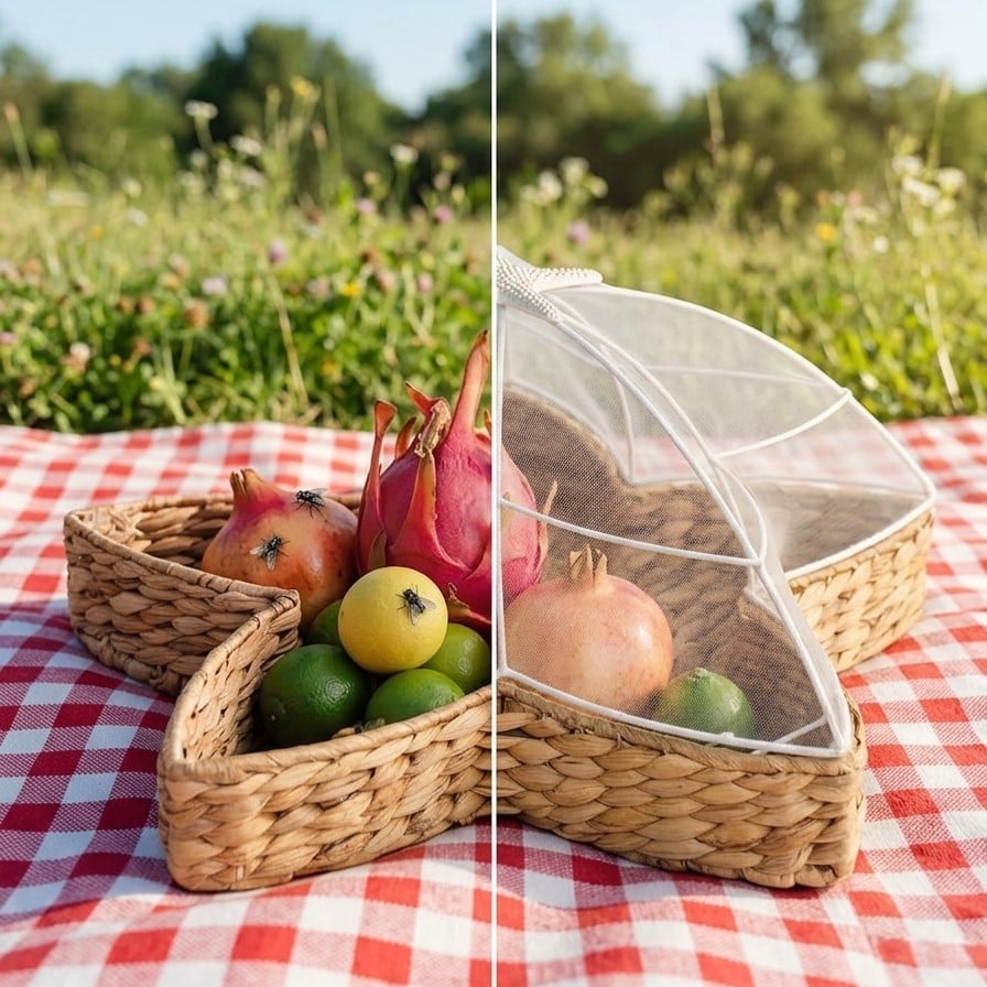 Bug-Proof Picnic Tray — Woven Seagrass Serving Tray with Mesh Dome Cover 1a
