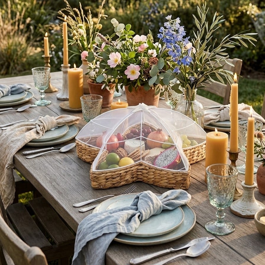Bug-Proof Picnic Tray — Woven Seagrass Serving Tray with Mesh Dome Cover 2a