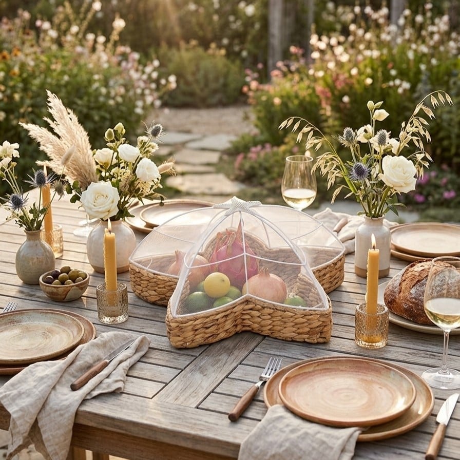 Bug-Proof Picnic Tray — Woven Seagrass Serving Tray with Mesh Dome Cover 3a
