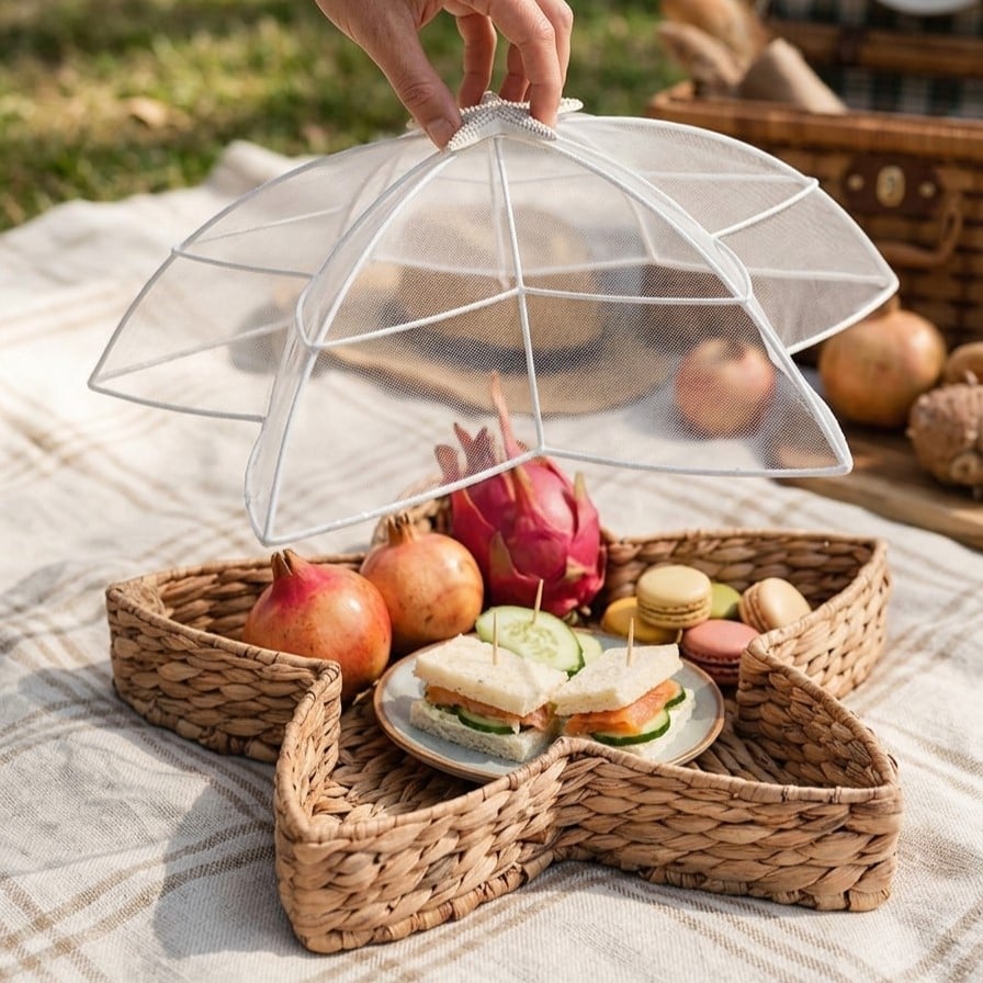 Bug-Proof Picnic Tray — Woven Seagrass Serving Tray with Mesh Dome Cover 4