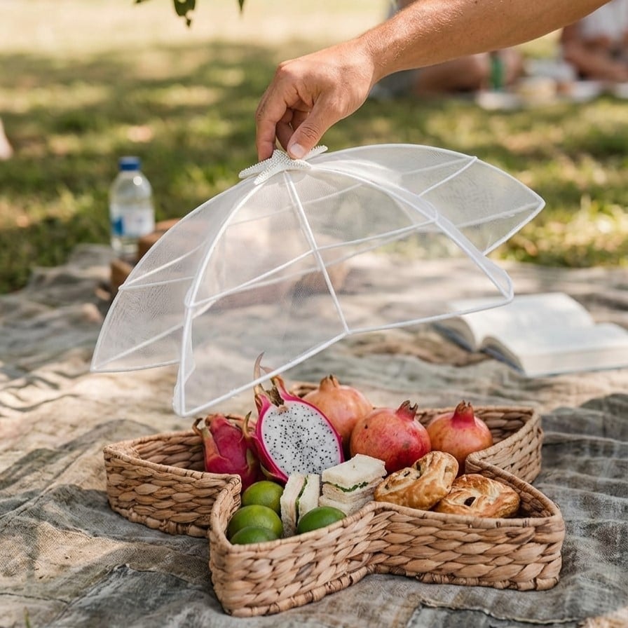 Bug-Proof Picnic Tray — Woven Seagrass Serving Tray with Mesh Dome Cover 6a