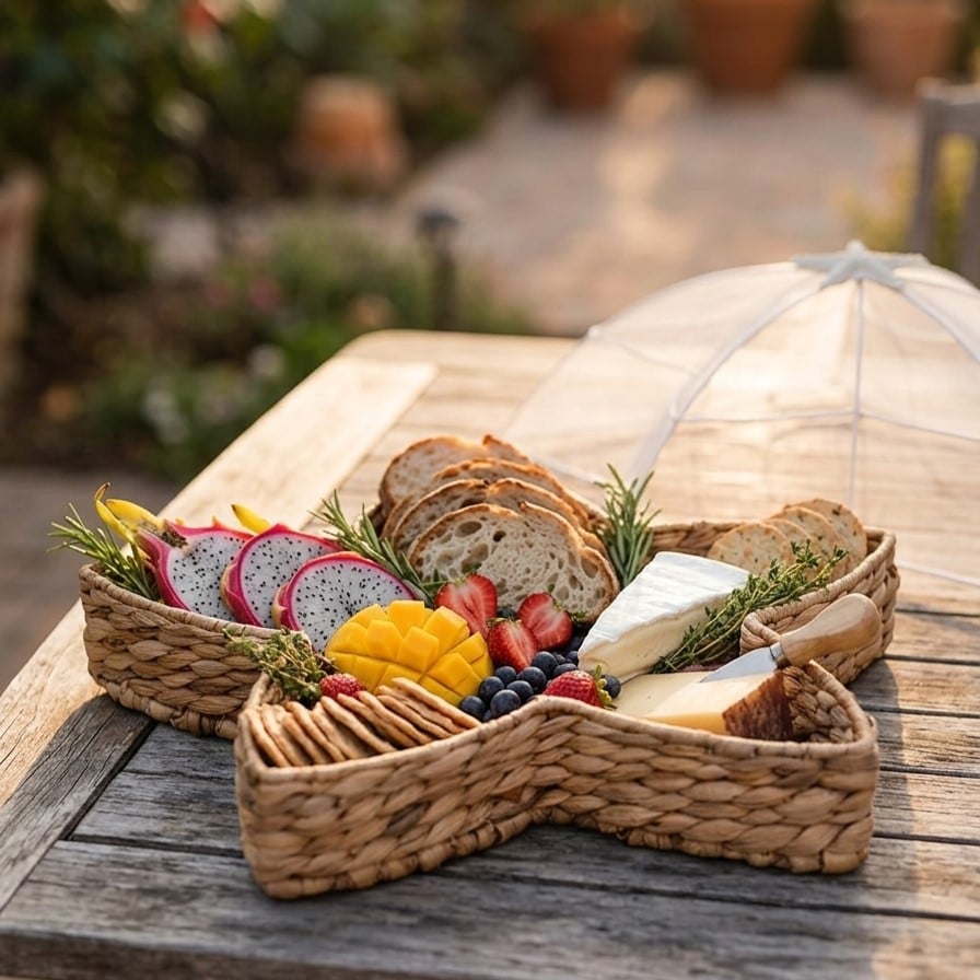 Bug-Proof Picnic Tray — Woven Seagrass Serving Tray with Mesh Dome Cover 7a