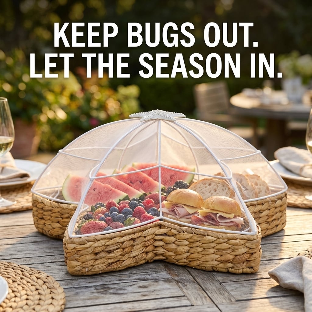 Bug-Proof Picnic Tray — Woven Seagrass Serving Tray with Mesh Dome Cover